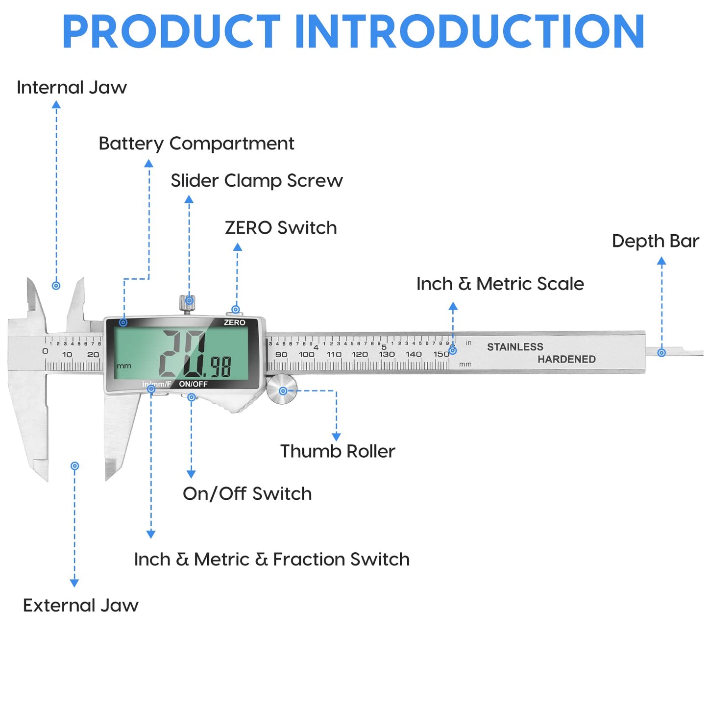 Digital Caliper Measuring Tool, Stainless Steel Vernier Caliper Digital Micrometer with Large LCD Screen, Easy Switch from Inch Metric Fraction, 6 Inch Caliper Tool for DIY/Household