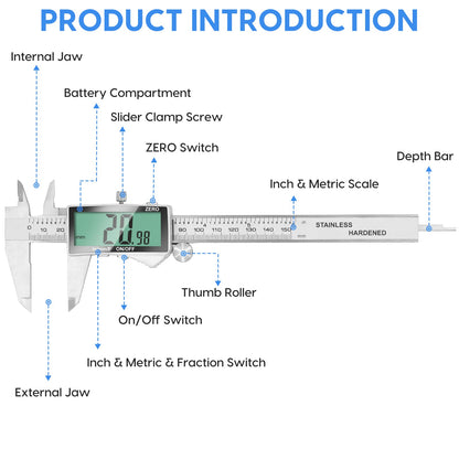 Digital Caliper Measuring Tool, Stainless Steel Vernier Caliper Digital Micrometer with Large LCD Screen, Easy Switch from Inch Metric Fraction, 6 Inch Caliper Tool for DIY/Household