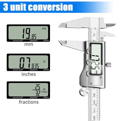 Digital Caliper Measuring Tool, Stainless Steel Vernier Caliper Digital Micrometer with Large LCD Screen, Easy Switch from Inch Metric Fraction, 6 Inch Caliper Tool for DIY/Household