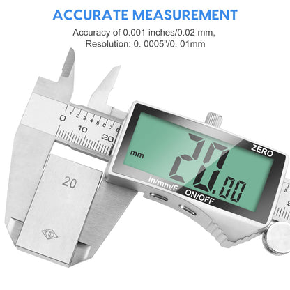 Digital Caliper Measuring Tool, Stainless Steel Vernier Caliper Digital Micrometer with Large LCD Screen, Easy Switch from Inch Metric Fraction, 6 Inch Caliper Tool for DIY/Household