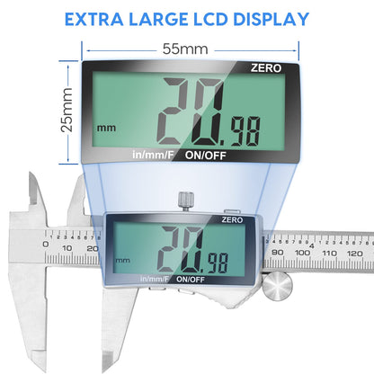 Digital Caliper Measuring Tool, Stainless Steel Vernier Caliper Digital Micrometer with Large LCD Screen, Easy Switch from Inch Metric Fraction, 6 Inch Caliper Tool for DIY/Household