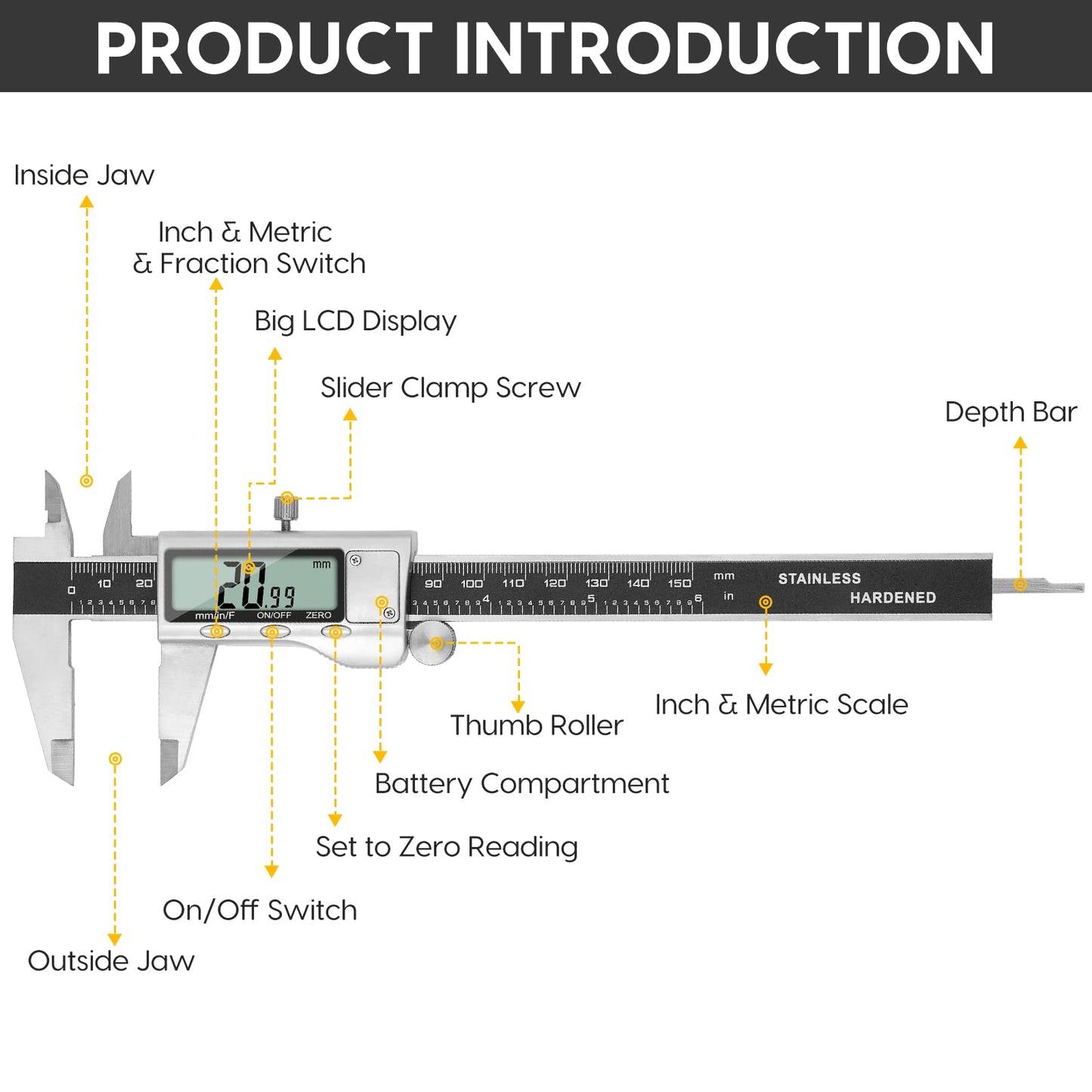 Digital Caliper Measuring Tool, Stainless Steel Vernier Caliper Digital Micrometer with Large LCD Screen, Easy Switch from Inch Metric Fraction, 6 Inch Caliper Tool for DIY/Household