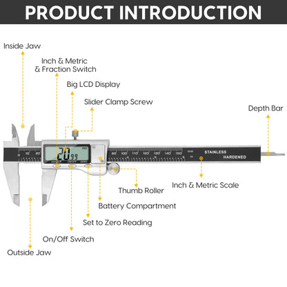 Digital Caliper Measuring Tool, Stainless Steel Vernier Caliper Digital Micrometer with Large LCD Screen, Easy Switch from Inch Metric Fraction, 6 Inch Caliper Tool for DIY/Household