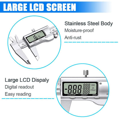 Digital Caliper Measuring Tool, Stainless Steel Vernier Caliper Digital Micrometer with Large LCD Screen, Easy Switch from Inch Metric Fraction, 6 Inch Caliper Tool for DIY/Household