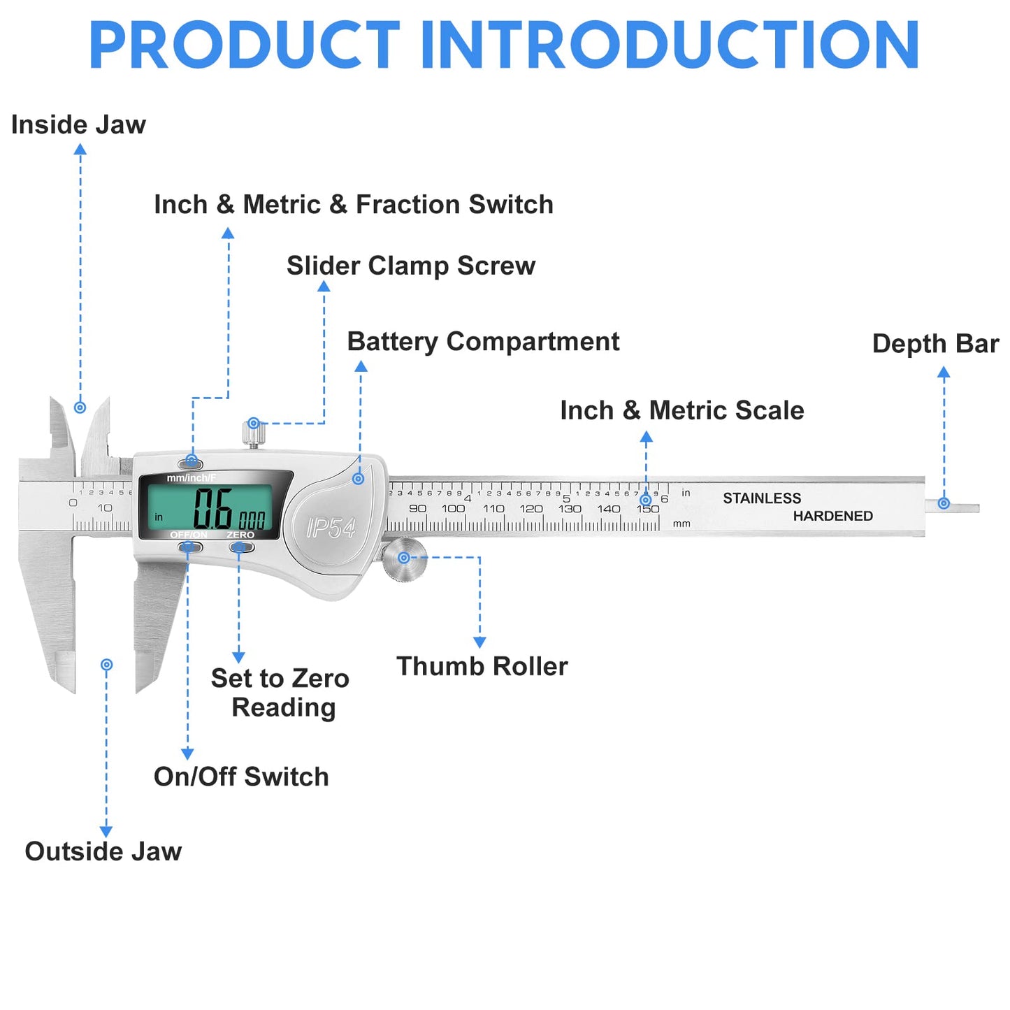 Digital Caliper Measuring Tool, Stainless Steel Vernier Caliper Digital Micrometer with Large LCD Screen, Easy Switch from Inch Metric Fraction, 6 Inch Caliper Tool for DIY/Household