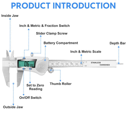 Digital Caliper Measuring Tool, Stainless Steel Vernier Caliper Digital Micrometer with Large LCD Screen, Easy Switch from Inch Metric Fraction, 6 Inch Caliper Tool for DIY/Household