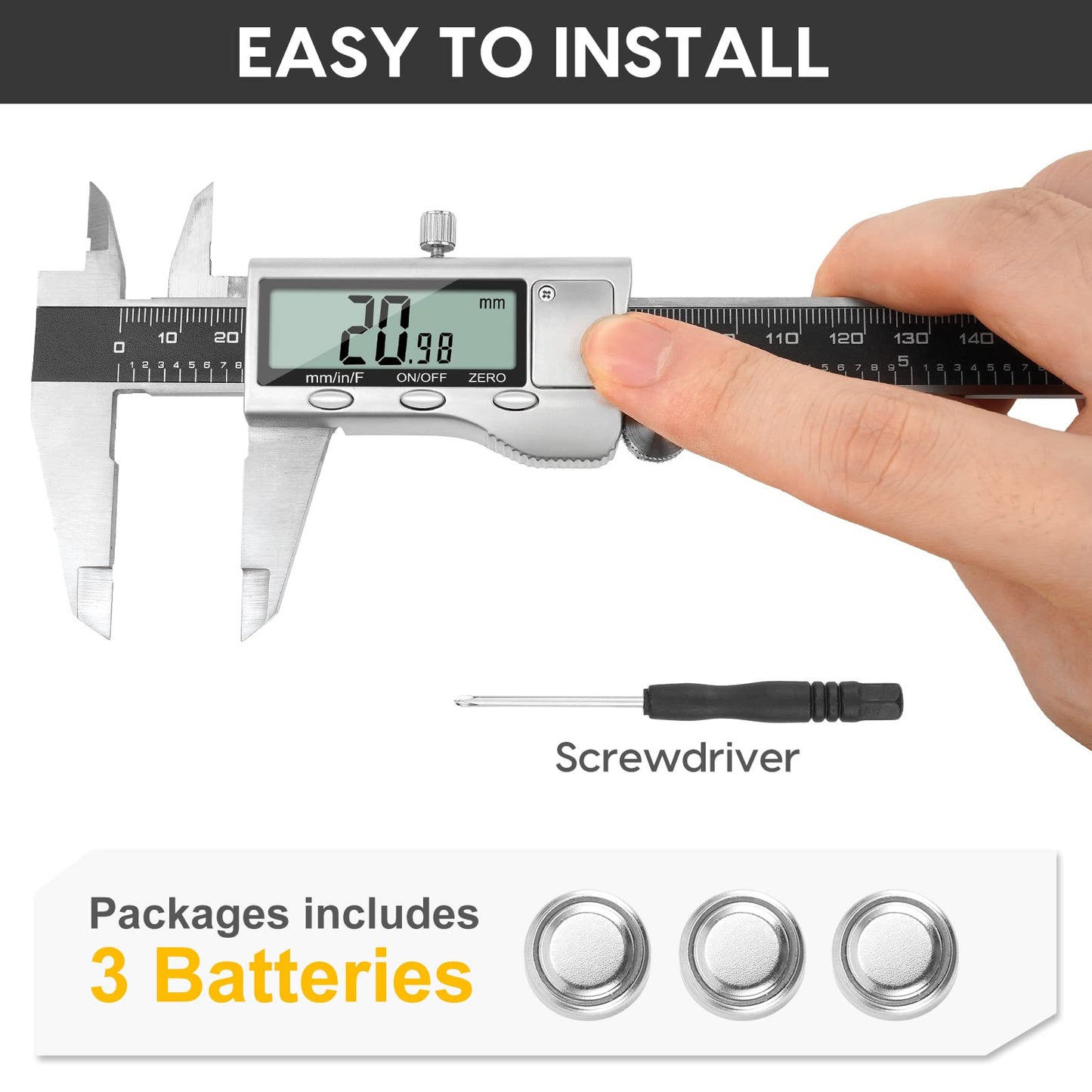 Digital Caliper Measuring Tool, Stainless Steel Vernier Caliper Digital Micrometer with Large LCD Screen, Easy Switch from Inch Metric Fraction, 6 Inch Caliper Tool for DIY/Household