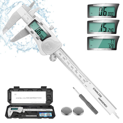 Digital Caliper Measuring Tool, Stainless Steel Vernier Caliper Digital Micrometer with Large LCD Screen, Easy Switch from Inch Metric Fraction, 6 Inch Caliper Tool for DIY/Household