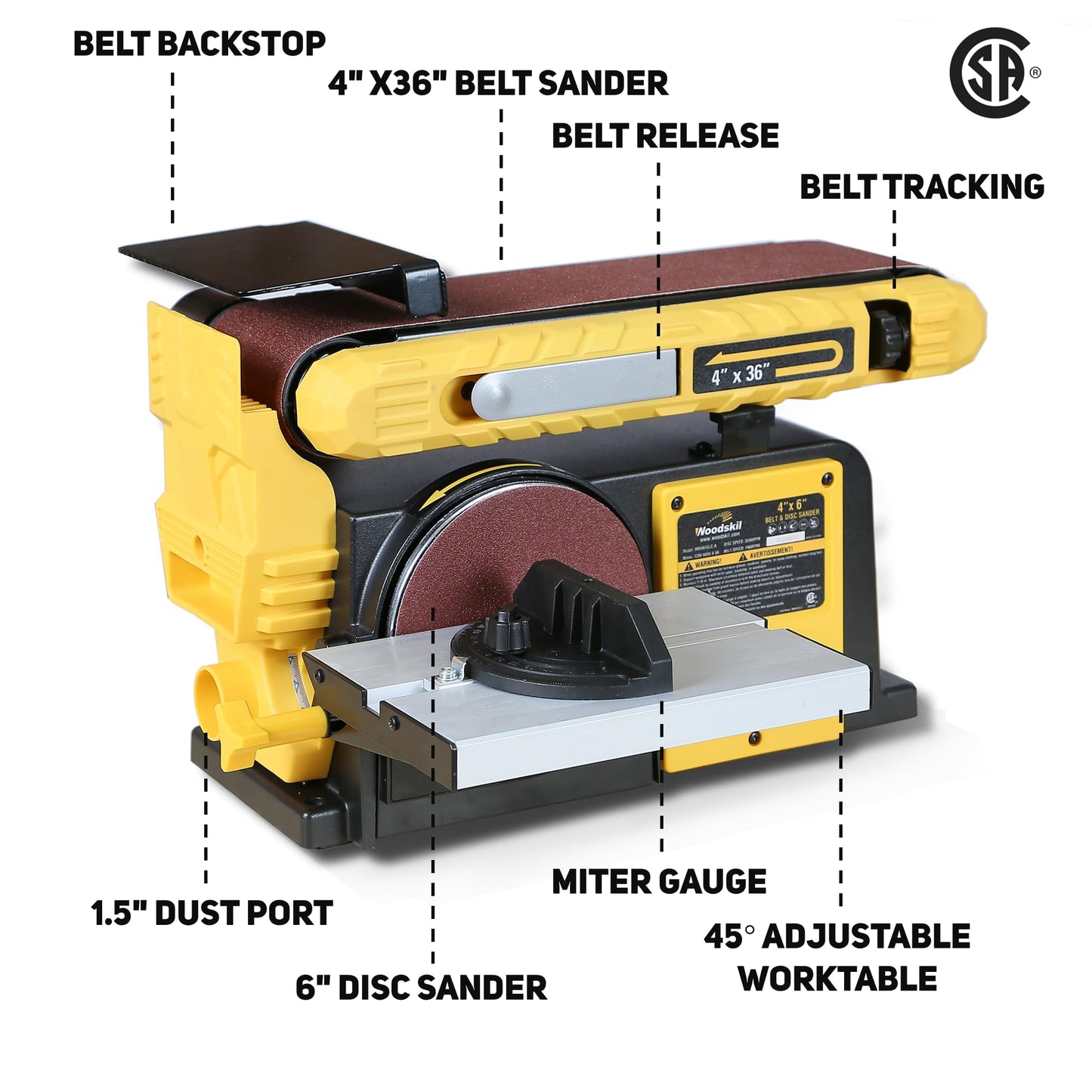 4.5-Amp Belt Disc Sander Combo, 4 x 36 in. Belt and 6 in. Disc Sander with 3/4HP Motor, Belt Sander for Woodworking with Base, Bench Sander Upgraded Model