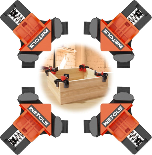 WETOLS Corner Clamp for Woodworking, 90 Degree Right Angle Clamp, Wood Clamps, 4Pcs Adjustable Spring Loaded Woodworking Clamp, Gifts for Dad, Birthday Gifts for Men, Photo Framing, Orange