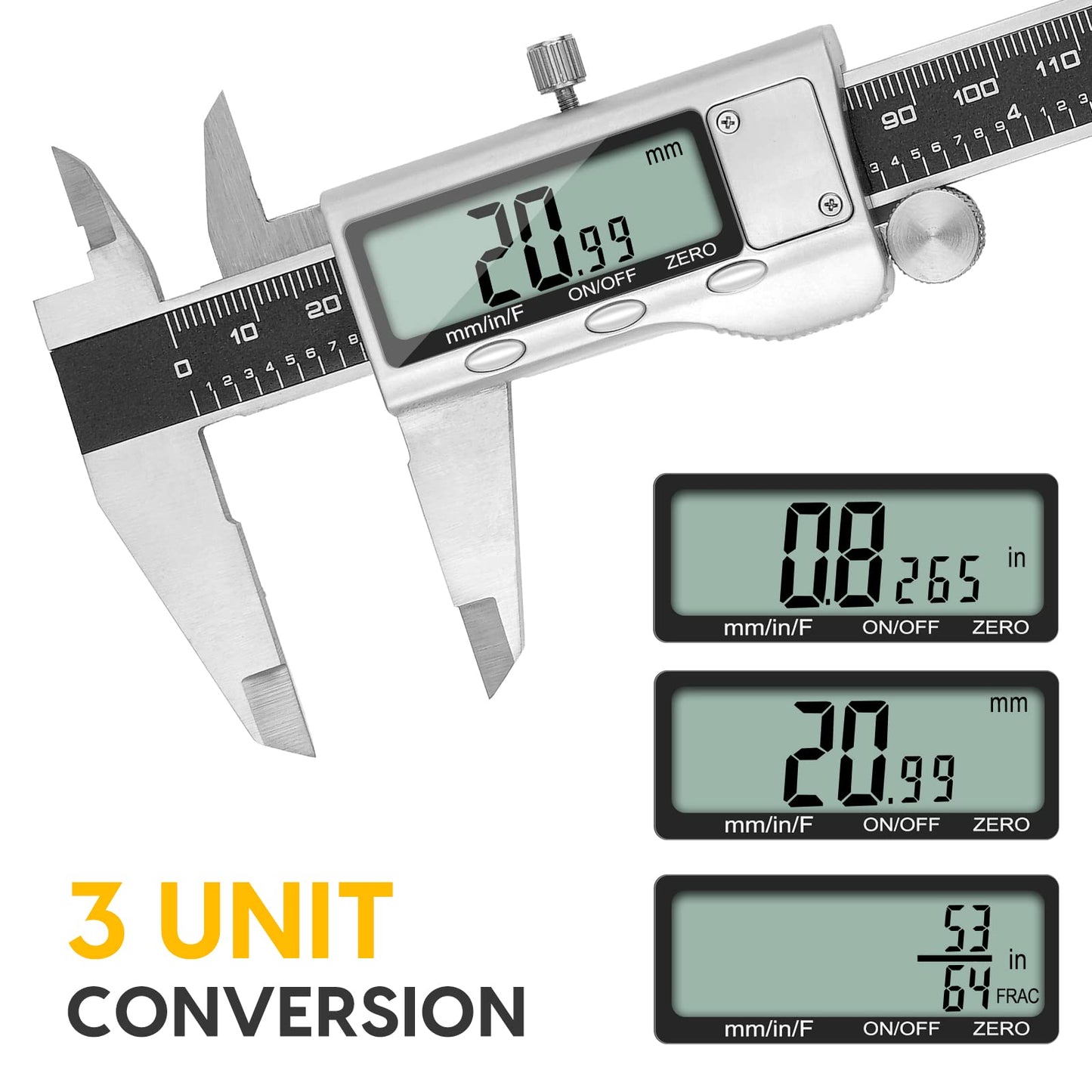 Digital Caliper Measuring Tool, Stainless Steel Vernier Caliper Digital Micrometer with Large LCD Screen, Easy Switch from Inch Metric Fraction, 6 Inch Caliper Tool for DIY/Household