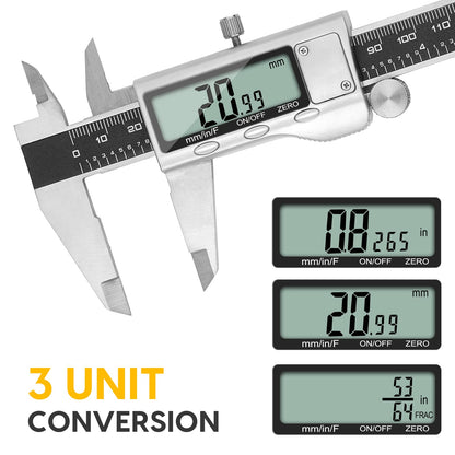 Digital Caliper Measuring Tool, Stainless Steel Vernier Caliper Digital Micrometer with Large LCD Screen, Easy Switch from Inch Metric Fraction, 6 Inch Caliper Tool for DIY/Household