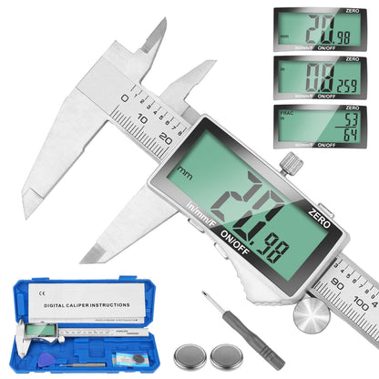 Digital Caliper Measuring Tool, Stainless Steel Vernier Caliper Digital Micrometer with Large LCD Screen, Easy Switch from Inch Metric Fraction, 6 Inch Caliper Tool for DIY/Household