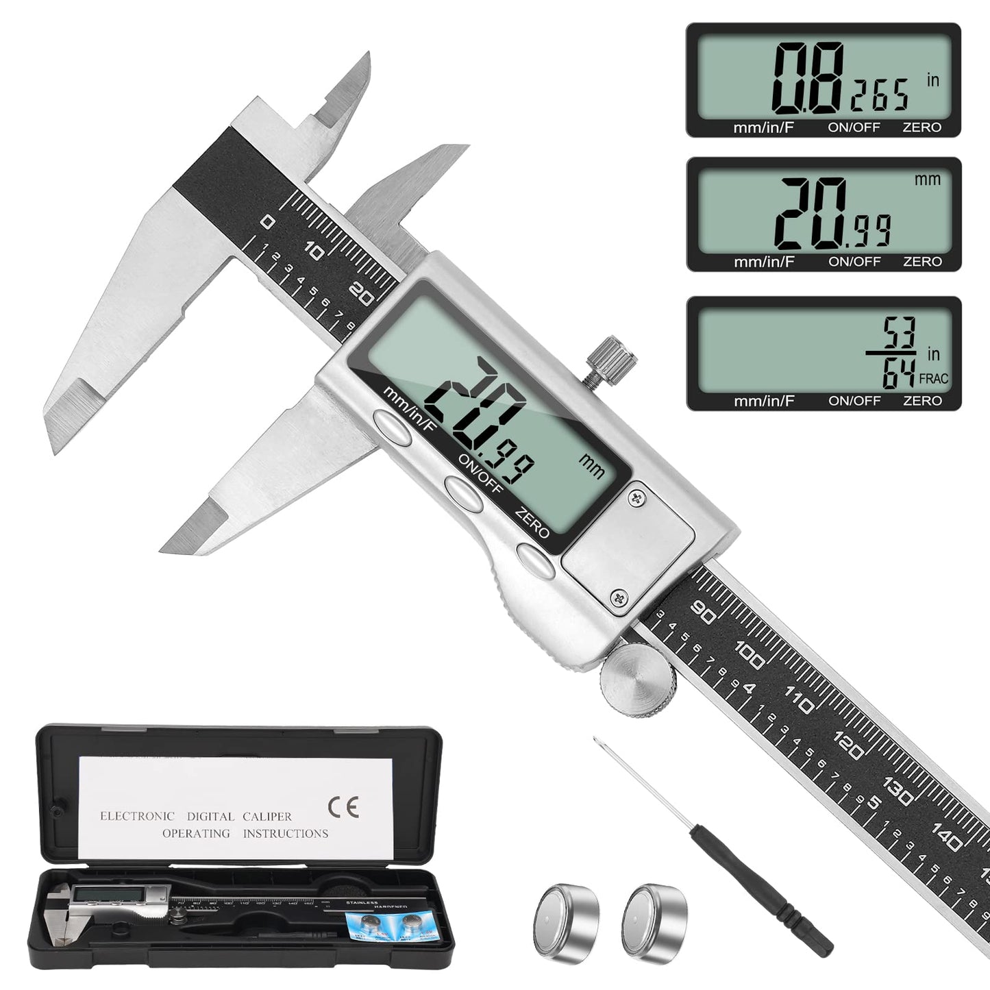 Digital Caliper Measuring Tool, Stainless Steel Vernier Caliper Digital Micrometer with Large LCD Screen, Easy Switch from Inch Metric Fraction, 6 Inch Caliper Tool for DIY/Household