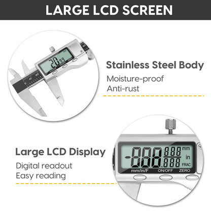 Digital Caliper Measuring Tool, Stainless Steel Vernier Caliper Digital Micrometer with Large LCD Screen, Easy Switch from Inch Metric Fraction, 6 Inch Caliper Tool for DIY/Household