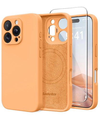 Magnetic for iPhone 16 Pro Case, Compatible with MagSafe, [Full Camera Protection][2 Screen Protectors] Silicone Shockproof Protective Phone Case for iPhone 16 Pro 6.3", Neon Orange