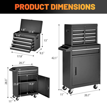 Tool Chest, 5-Drawer Rolling Tool Storage Cabinet With Detachable Top Tool Box, Liner, Universal Lockable Wheels, Adjustable Shelf, Locking Mechanism, Metal Tool Cart For Garage Workshop